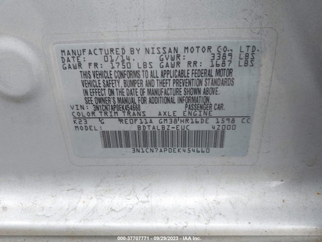 Nissan Versa S/s Plus/sv/sl 2014 3N1CN7AP0EK454660 Image 9
