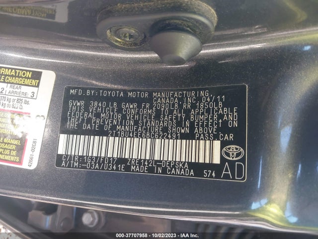 2011 TOYOTA COROLLA L/LE/S VIN: 2T1BU4EE6BC622491