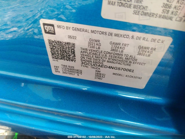 2022 CHEVROLET SILVERADO 1500 WORK TRUCK VIN: 3GCUDAED4NG570061