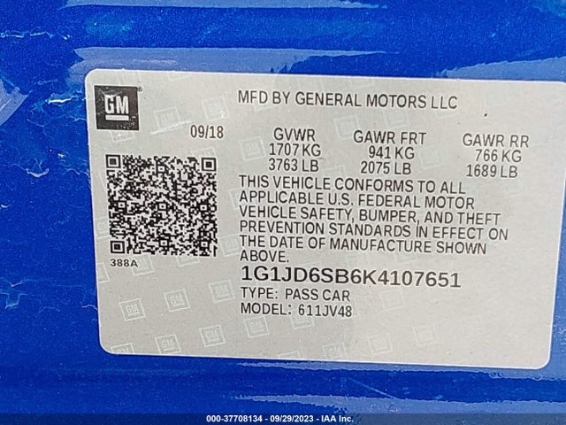 Chevrolet SONIC LT 2019 1G1JD6SB6K4107651 Image 9