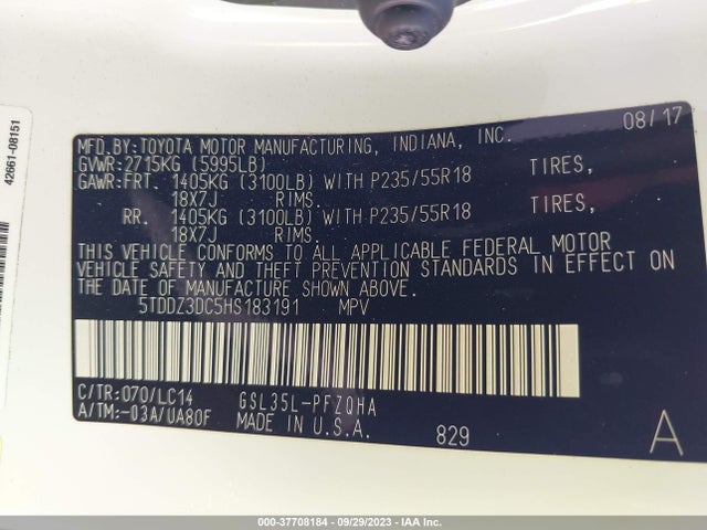 Toyota SIENNA XLE 2017 5TDDZ3DC5HS183191 Image 9