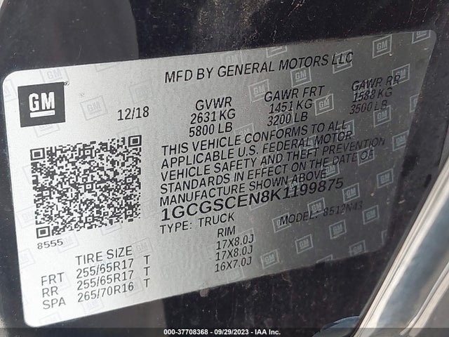 2019 CHEVROLET COLORADO LT VIN: 1GCGSCEN8K1199875