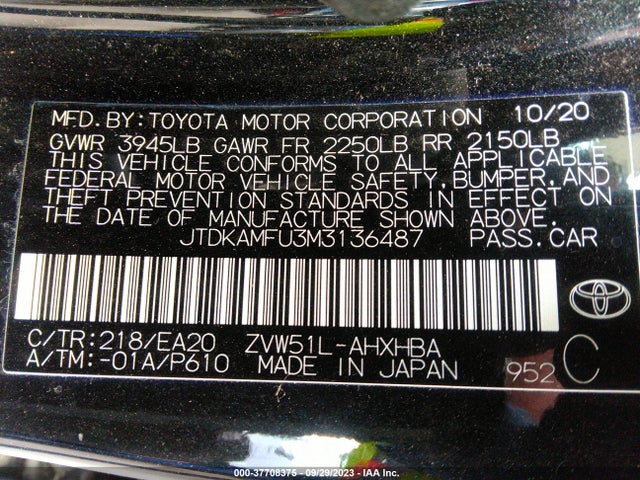 Toyota Prius L 2021 JTDKAMFU3M3136487 Image 9