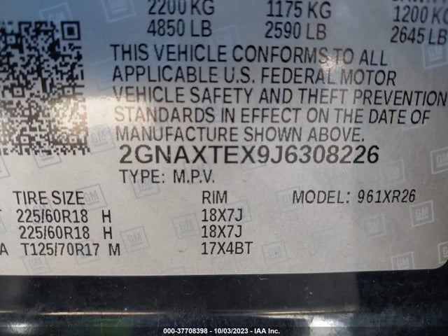 Chevrolet EQUINOX LT 2018 2GNAXTEX9J6308226 Image 9