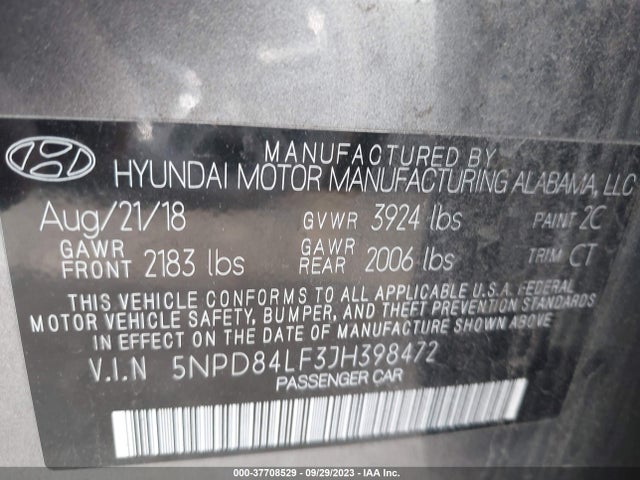 2018 HYUNDAI ELANTRA SEL VIN: 5NPD84LF3JH398472