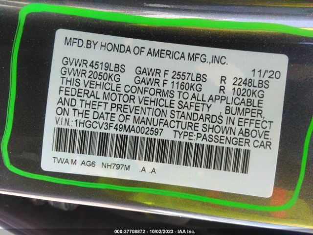 1HGCV3F49MA002597 Honda Accord Hybrid Ex