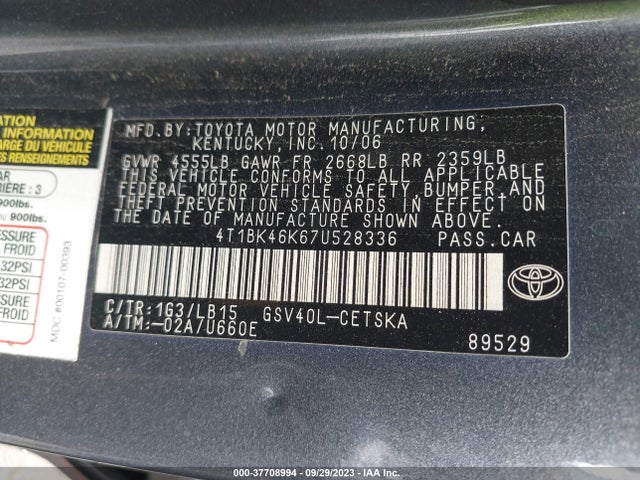 2007 TOYOTA CAMRY SE VIN: 4T1BK46K67U528336