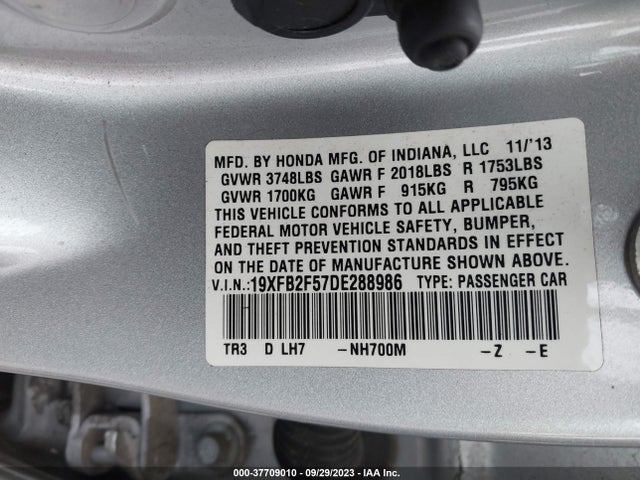 2013 HONDA CIVIC SDN LX VIN: 19XFB2F57DE288986