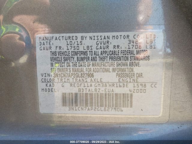 3N1CN7AP2GL827906 Nissan VERSA SV