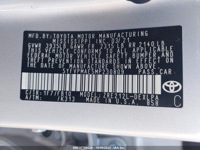 Toyota COROLLA LE 2021 5YFVPMAE5MP230809 Image 9