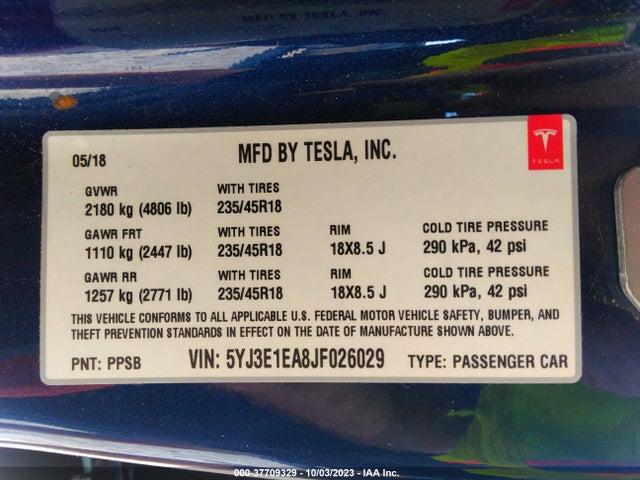 Tesla Model 3 Range Battery 2018 5YJ3E1EA8JF026029 Image 9