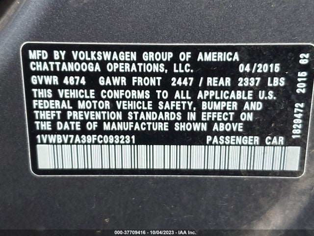 1VWBV7A39FC093231 Volkswagen Passat 2.0l Tdi Se W/sunroof