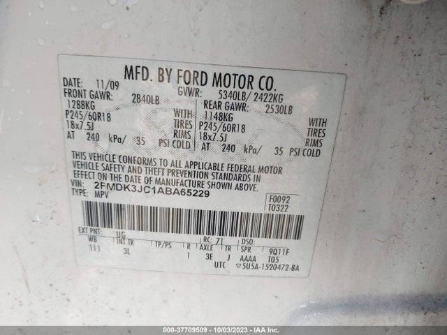 2010 FORD EDGE SEL VIN: 2FMDK3JC1ABA65229