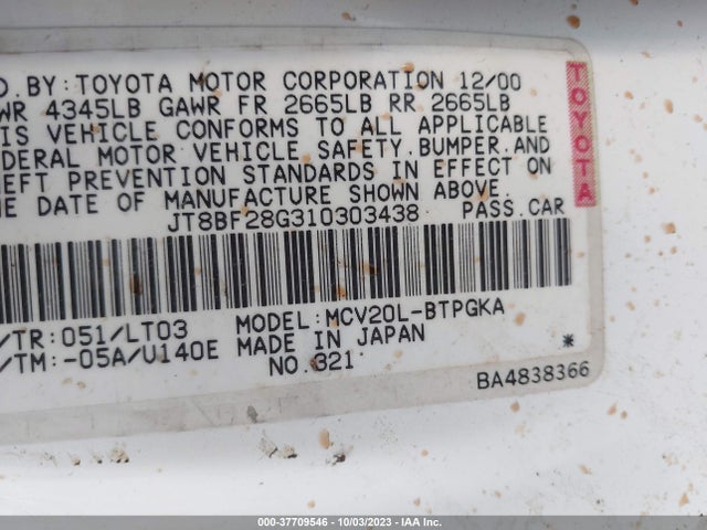 2001 LEXUS ES 300 BASE (A4) VIN: JT8BF28G310303438