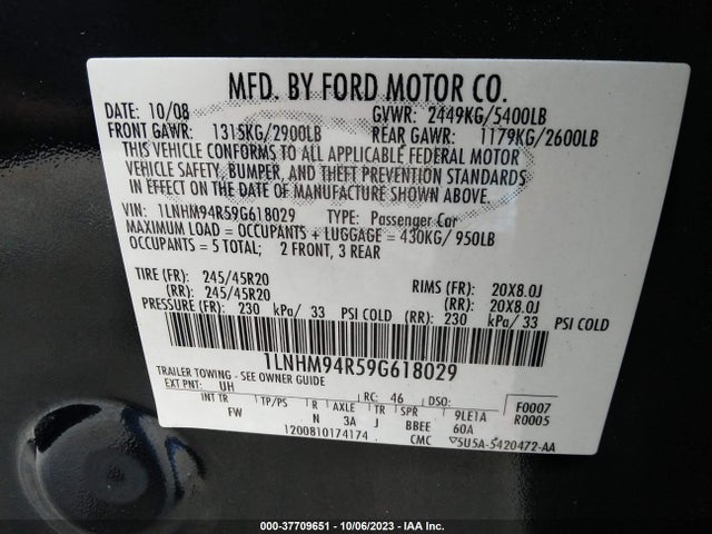 2009 LINCOLN MKS VIN: 1LNHM94R59G618029