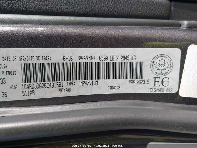 Dodge DURANGO LIMITED 2016 1C4RDJDG2GC481581 Image 9