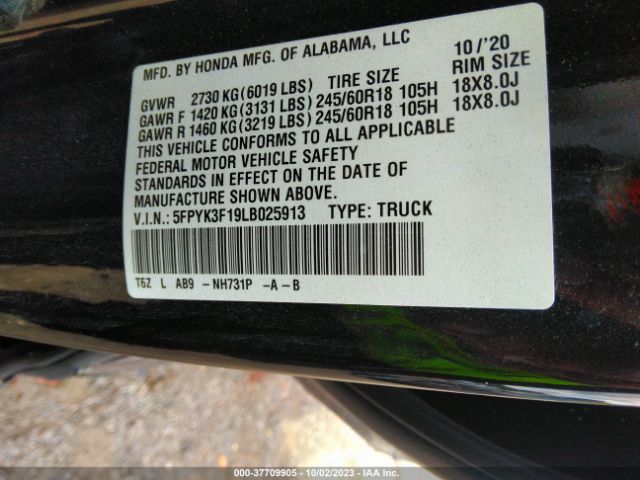 5FPYK3F19LB025913 Honda Ridgeline Awd Sport