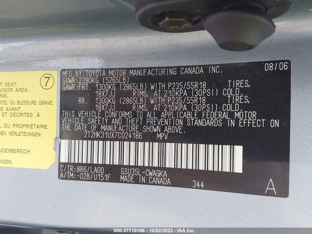 2007 LEXUS RX 350 VIN: 2T2HK31UX7C024186
