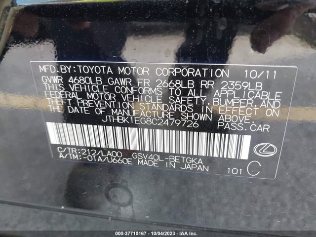 Продажа на аукционе авто 2012 Lexus Es 350, vin: JTHBK1EG8C2479726, номер лота: 37710167
