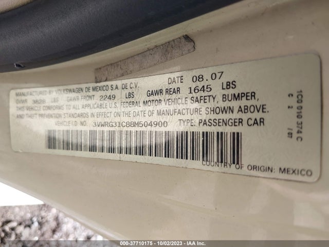 2008 VOLKSWAGEN NEW BEETLE COUPE S/SE VIN: 3VWRG31C88M504900
