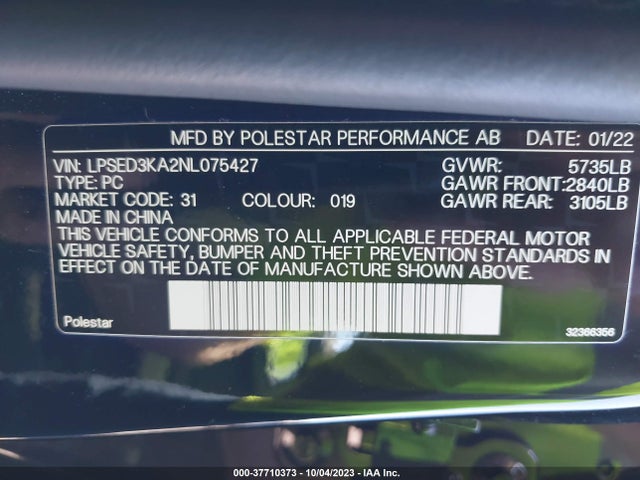 2022 POLESTAR 2 VIN: LPSED3KA2NL075427
