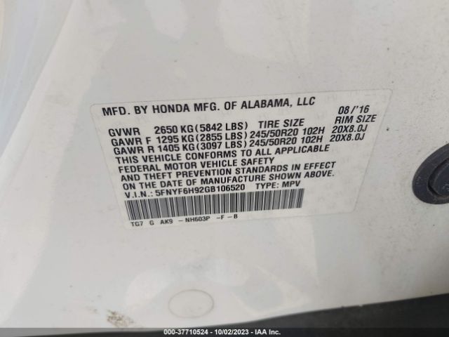 5FNYF6H92GB106520 Honda Pilot Touring