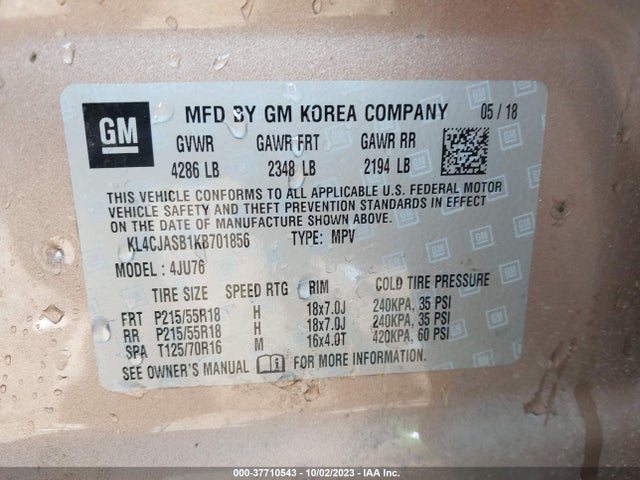 2019 BUICK ENCORE FWD PREFERRED VIN: KL4CJASB1KB701856