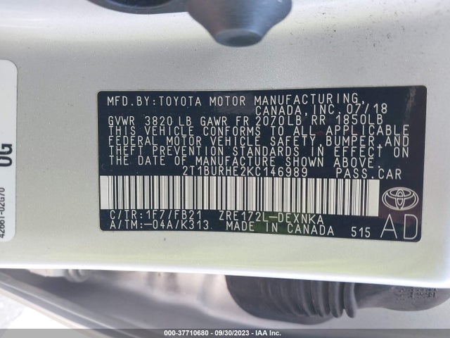 37710680 :رقم المزاد ، 2T1BURHE2KC146989 vin ، 2019 Toyota Corolla L/le/se/xle/xse مزاد بيع