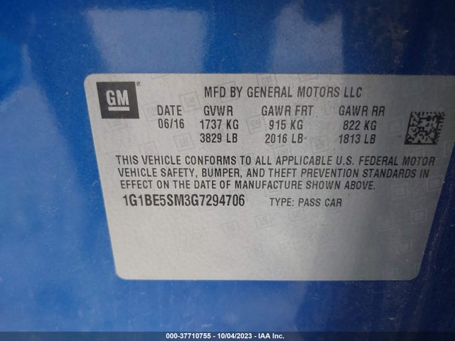 Chevrolet CRUZE LT 2016 1G1BE5SM3G7294706 Image 9