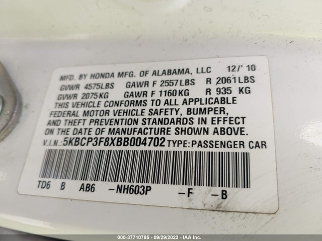2011 HONDA ACCORD SDN EX-L VIN: 5KBCP3F8XBB004702