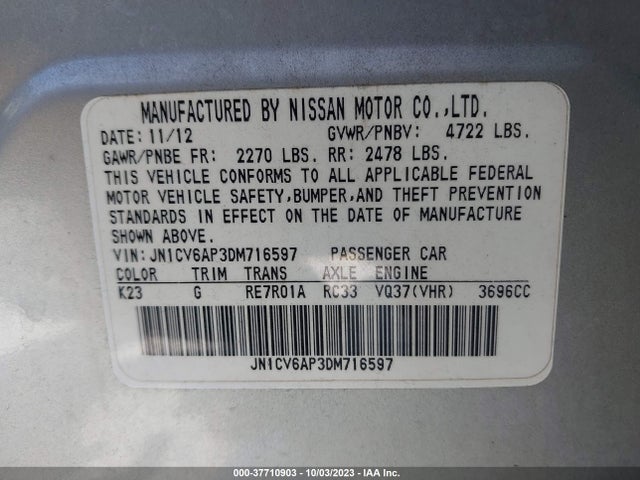 2013 INFINITI G37 SEDAN JOURNEY VIN: JN1CV6AP3DM716597