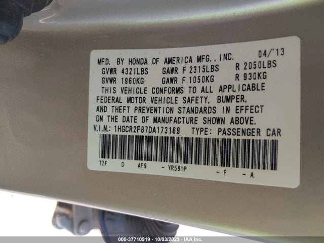 2013 HONDA ACCORD SDN EX-L VIN: 1HGCR2F87DA173169