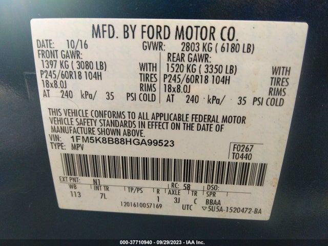 Ford Explorer Base 2017 1FM5K8B88HGA99523 Image 9
