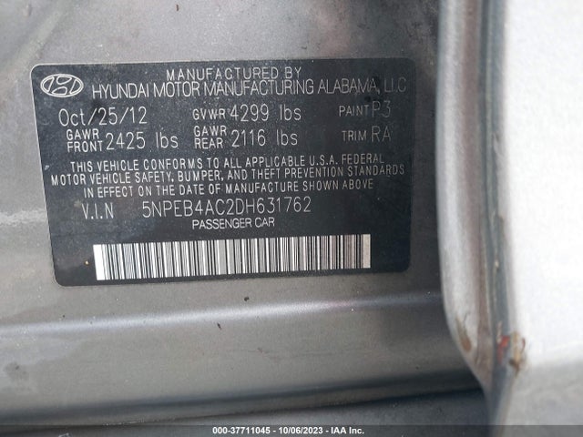 2013 HYUNDAI SONATA GLS VIN: 5NPEB4AC2DH631762