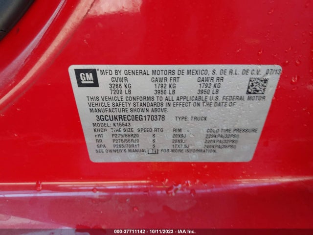 2014 CHEVROLET SILVERADO 1500 LT VIN: 3GCUKREC0EG170378