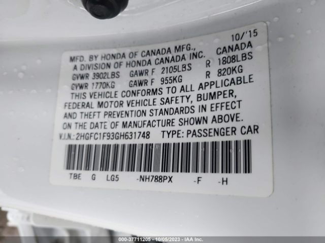 2HGFC1F93GH631748 Honda Civic Sedan Touring