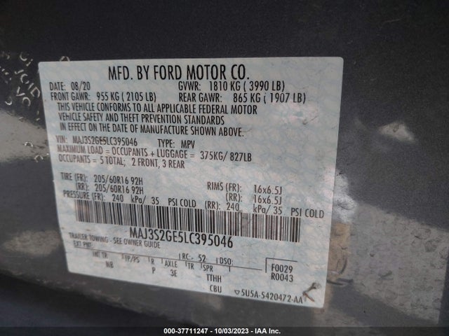 2020 FORD ECOSPORT SE VIN: MAJ3S2GE5LC395046