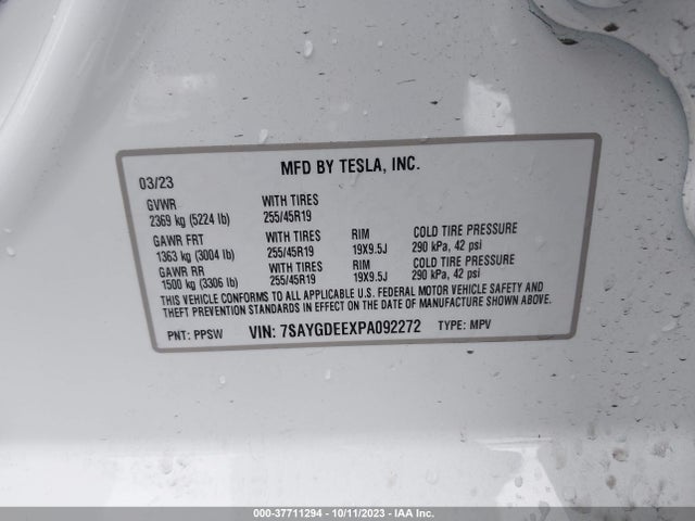 2023 TESLA MODEL Y LONG RANGE VIN: 7SAYGDEEXPA092272