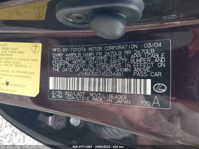 2004 LEXUS ES 330 VIN: JTHBA30G745034481