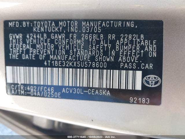 2005 TOYOTA CAMRY STD/LE/SE/XLE VIN: 4T1BE32KX5U578600