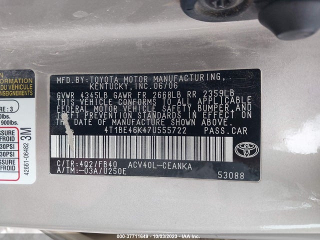 2007 TOYOTA CAMRY CE/LE/SE/XLE VIN: 4T1BE46K47U555722