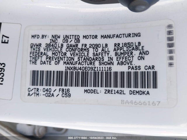 2009 TOYOTA COROLLA VIN: 1NXBU40E09Z111116