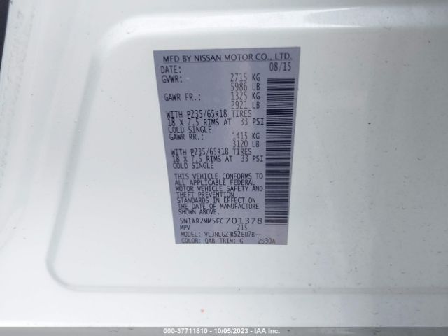 5N1AR2MM5FC701378 Nissan Pathfinder Sl