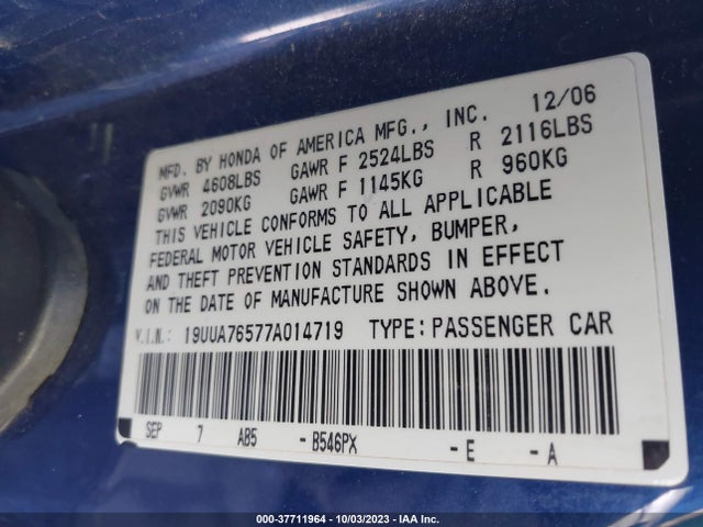 2007 ACURA TL TYPE S VIN: 19UUA76577A014719