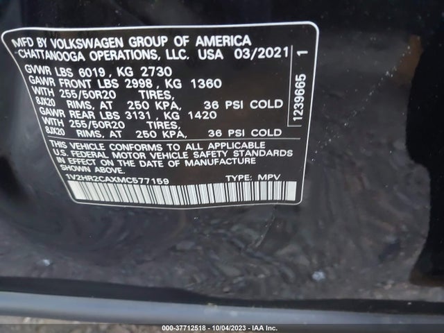 1V2HR2CAXMC577159 Volkswagen Atlas 3.6l V6 Se W/technology