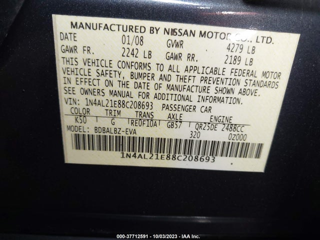 2008 NISSAN ALTIMA 2.5 VIN: 1N4AL21E88C208693
