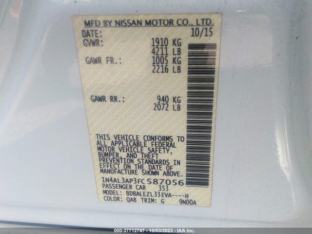 2015 NISSAN ALTIMA 2.5 S VIN: 1N4AL3AP3FC587056