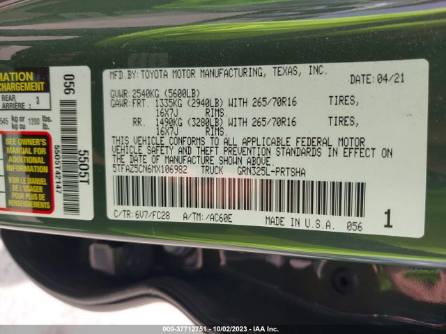 Toyota Tacoma Sr5 V6 2021 5TFAZ5CN6MX106982 Image 9
