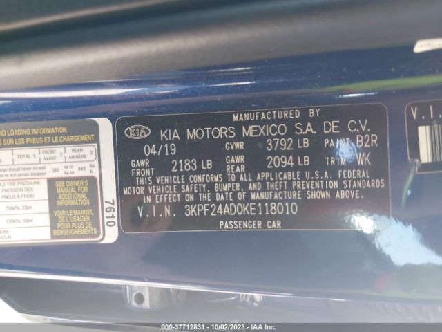 3KPF24AD0KE118010 KIA Forte Lxs