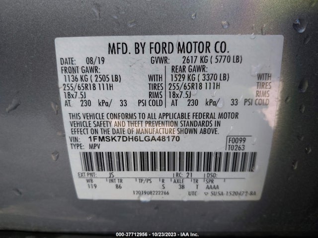 2020 FORD EXPLORER XLT VIN: 1FMSK7DH6LGA48170